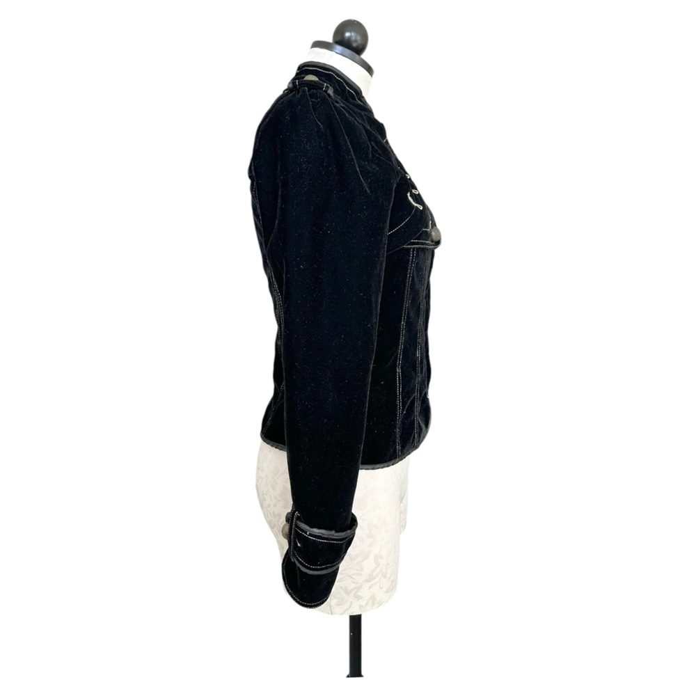 Aziz Black Velvet Military Style Jacket Zip Front Epaulets Bronze Buttons Small - Picture 2 of 14
